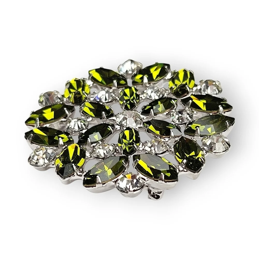 Vintage Rhinestone Flower Brooch Green White Rhodium Plated Snowflake B David